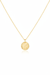Luxury spiritual gold disc pendant necklace with hammered texture and fine chain, front view
