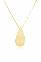 Luxury gold teardrop pendant necklace with sunray engraving, centered on white background