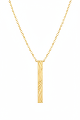 Luxury gold rectangular pendant necklace with engraved texture and fine chain, centered on white background