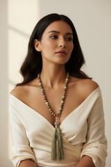 Elegant female model wearing Le Zen Mala hand-knotted gemstone mala necklace