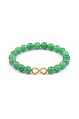 Luxury jade green gemstone bracelet with gold infinity charm, front view on white background